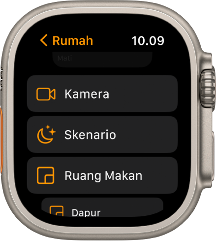 App Rumah menampilkan daftar ruang yang mencakup kamera, tombol skenario, dan dua ruang.