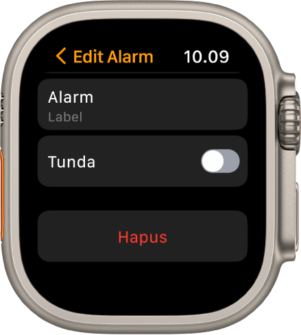 Layar Edit Alarm, dengan tombol Hapus di bagian bawah.