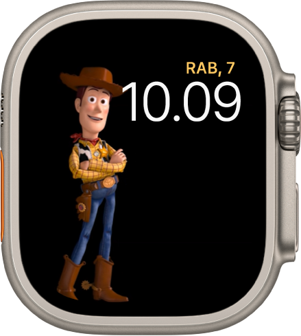Wajah jam Toy Story menampilkan hari, tanggal, dan waktu di bagian kanan atas dan animasi Jessie di bagian kiri layar.