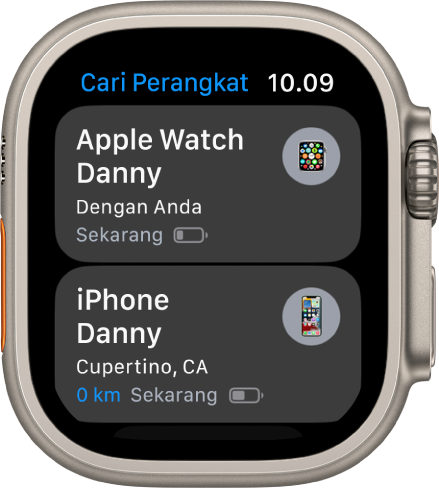 App Cari Perangkat menampilkan dua perangkat—Apple Watch dan iPhone.