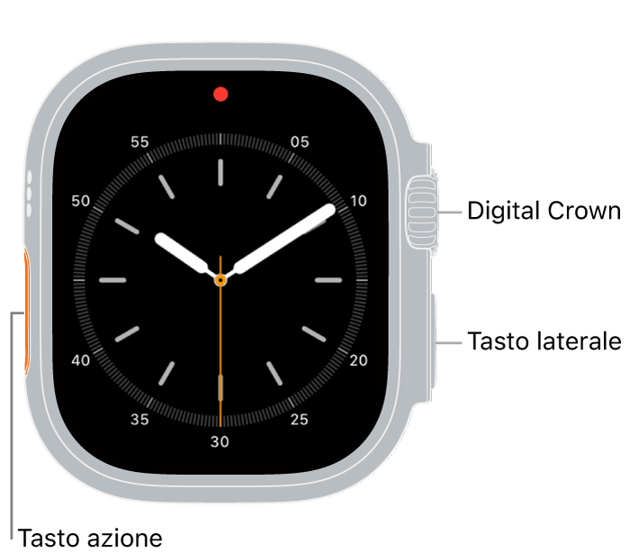 La parte anteriore di Apple Watch Ultra, con lo schermo che mostra il quadrante, e la Digital Crown, il microfono e il pulsante laterale dall'alto verso il basso del lato dell'orologio.