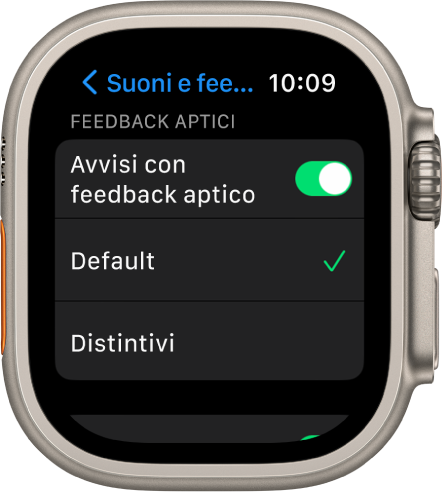 Impostazioni “Suoni e feedback aptico” su Apple Watch, con l'interruttore “Avvisi con feedback aptico” e le opzioni Default e Distintivo sotto.