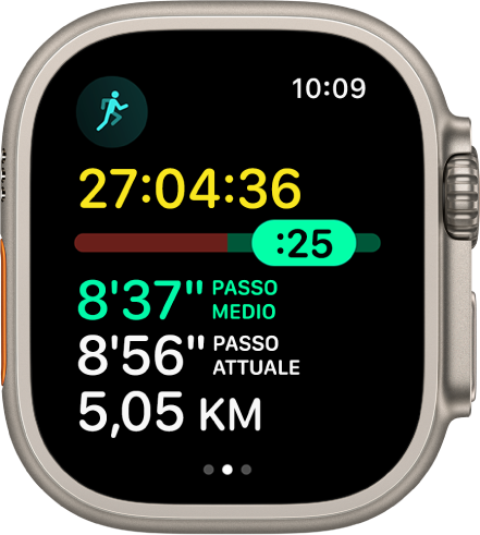 L'app Allenamento su Apple Watch che mostra i dati sul ritmo in un allenamento “Corsa outdoor”. In alto, viene mostrata la durata della corsa. Sotto viene visualizzato un cursore che indica quanto sei avanti o indietro rispetto al tuo ritmo. Sotto sono mostrate le voci “Ritmo medio”, “Ritmo attuale” e Distanza.