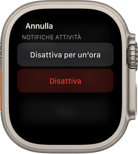 Impostazioni di notifica su Apple Watch. Sul pulsante in alto c'è scritto “Silenzioso per 1 ora”. Sotto viene mostrato il pulsante Disattiva.