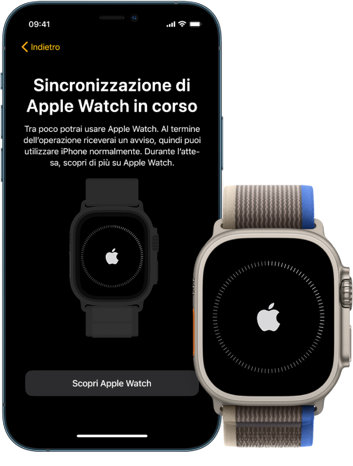 Un iPhone e un Apple Watch Ultra che mostrano le loro schermate di sincronizzazione.