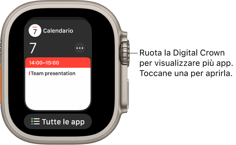 Il Dock che mostra l'app Calendario con sotto il pulsante “Tutte le app”. Ruota la Digital Crown per visualizzare altre app. Toccane una per aprirla.