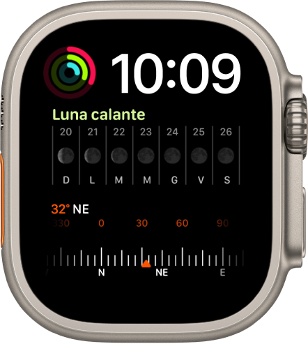Il quadrante “Modulare Duo” che mostra un orologio digitale in alto a destra, una complicazione Attività in alto a sinistra, una complicazione “Fase lunare” al centro e una complicazione Attività, in basso.