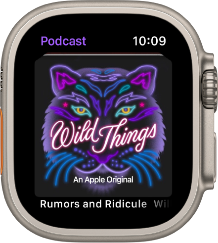 L'app Podcast su Apple Watch che mostra la copertina di un podcast. Tocca la copertina per riprodurre la puntata.