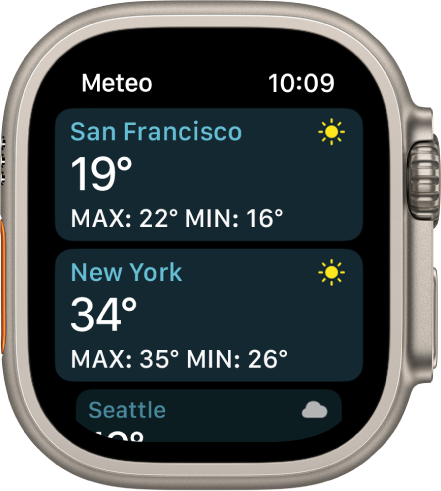 L'app Meteo con i dettagli relativi alle previsioni di due città in un elenco.