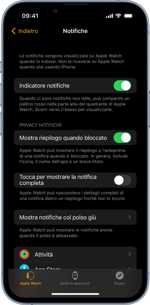 La schermata Notifiche nell'app Watch su iPhone che mostra la provenienza delle notifiche.