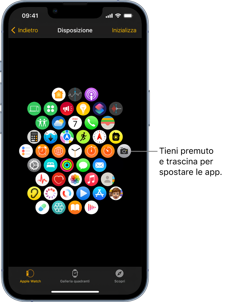 La schermata Disposizione nell'app Watch che mostra una griglia di icone.