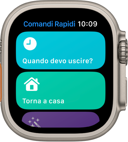 L'app Comandi Rapidi su Apple Watch che mostra due comandi rapidi: “Quando devo partire” e “Ottieni indicazioni per casa”.