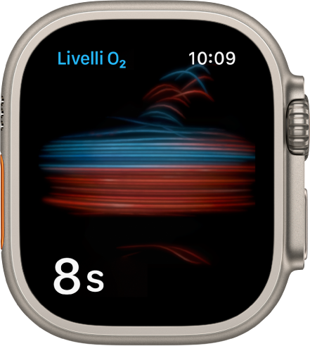 Schermata dell'app Livelli O₂ mentre viene presa una misurazione con conto alla rovescia a partire da 8 secondi.