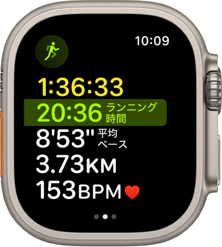「ワークアウト」App。進行中のマルチスポーツワークアウトが表示されています。画面には、合計経過時間、ランニングしてきた時間、平均ペース、距離、心拍数が表示されています。