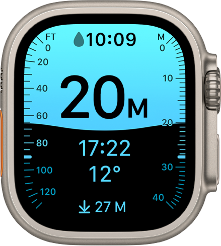 「水深」Appに水深、水中にいる時間、水温、およびダイブでの最大水深が表示されています。左側には、0から120まで20刻みでフィートを示すマーカーが表示されています。右側には、0から40まで10刻みでメートルを示すマーカーが表示されています。