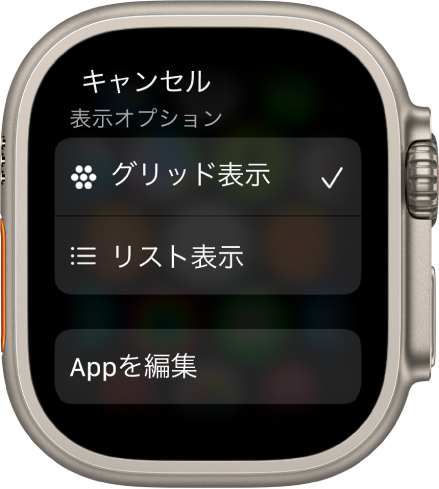 「表示オプション」画面。「グリッド表示」ボタンと「リスト表示ボタン」表示されています。画面の下部には「Appを編集」ボタンが表示されています。