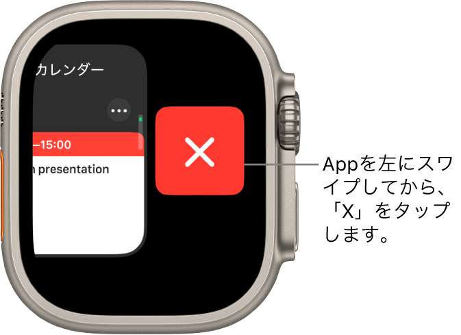 Appを左にスワイプした後のDock。右に「×」ボタンが表示されています。