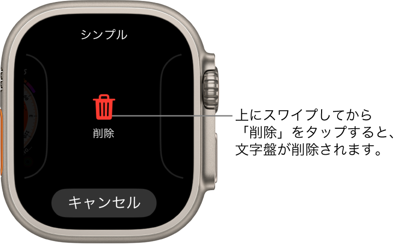 「削除」ボタンと「キャンセル」ボタンが表示されているApple Watchの画面。これらのボタンは、いずれかの文字盤までスワイプしてから、削除するために上にスワイプしたときに表示されます。