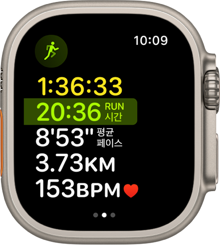 진행 중인 멀티 스포츠 운동이 표시된 운동 앱. 화면에 총 경과 시간, 현재까지 달린 시간, 평균 페이스, 거리 및 심박수가 표시됨.