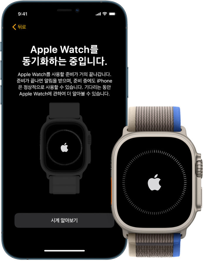 동기화 화면을 보여주는 iPhone 및 Apple Watch.
