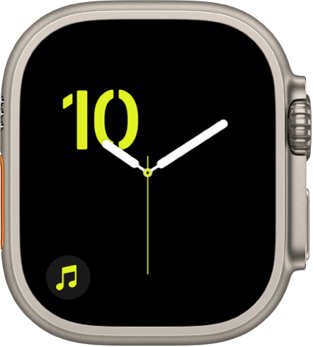 초록색의 스텐실 서체가 적용되고 왼쪽 하단에 음악 컴플리케이션이 표시된 숫자 시계 페이스.