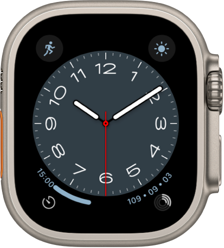 Laikrodžio ciferblatas „Metropolitan“, kurį naudojant galima sukti „Digital Crown“ ir keisti tipo išvaizdą. Jame rodomi keturi valdikliai: „Workout“ viršuje kairėje, „Weather“ viršuje dešinėje, „Timers“ apačioje kairėje, o „Activity“ – apačioje dešinėje.