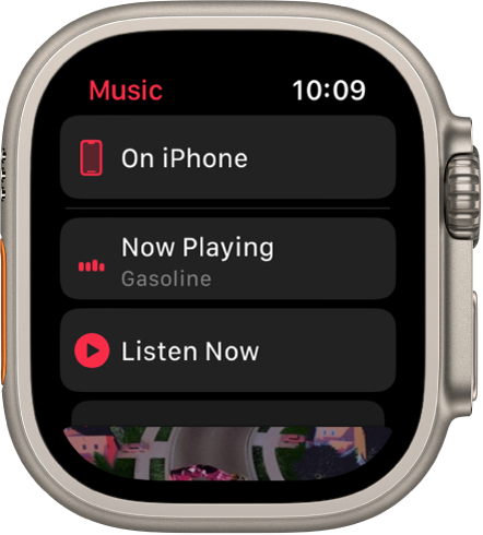 Programos „Music“ sąraše rodomi mygtukai „On iPhone“, „Now Playing“ ir „Listen Now“. Slinkite žemyn norėdami peržiūrėti albumo iliustraciją.
