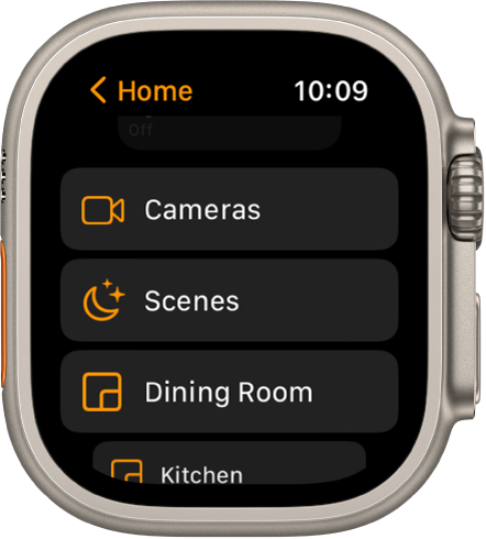 Programoje „Home“ rodomas kambarių su vaizdo kameromis sąrašas, aplinkų mygtukas ir du kambariai.