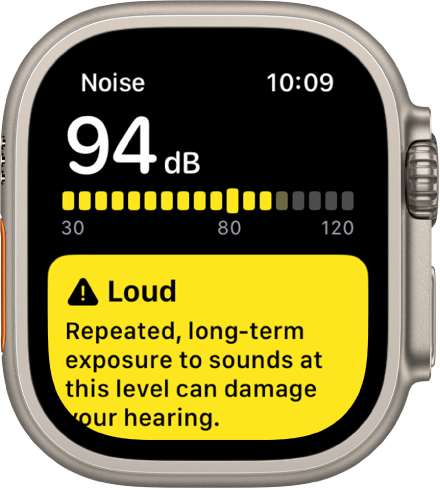 Rodomas programos „Noise“ pranešimas apie 94 decibelų garso lygį. Toliau rodomas įspėjimas dėl ilgalaikio tokio lygio triukšmo poveikio.