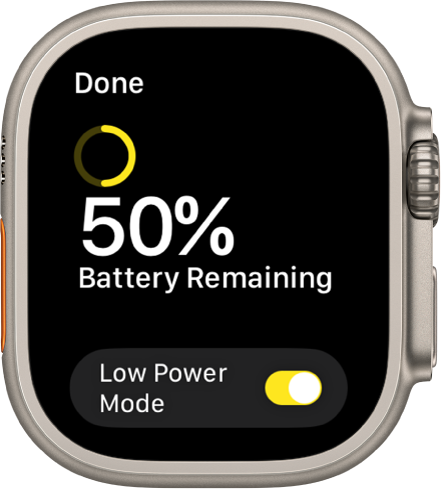 Režimo „Low Power Mode“ ekrane matosi dalinis geltonas žiedas, nurodantis įkrovimo lygį, žodžiai „50 percent Battery Remaining“ ir apačioje esantis mygtukas „Low Power Mode“.
