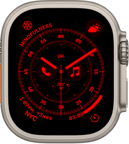 Laikrodžio ciferblatas „Wayfinder“ veikiant režimui „Night Mode“.