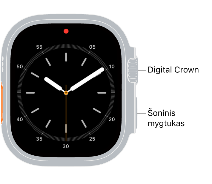 „Apple Watch Ultra“ priekis, viršuje, dešinėje laikrodžio pusėje rodoma „Digital Crown“, o apačioje dešinėje – šoninis mygtukas.