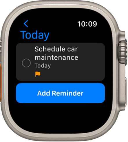 Programoje „Reminders“ rodomas pranešimas iš sąrašo „Today“. Priminimas pateiktas ekrano viršuje, o žemiau – mygtukas „Add Reminder“.