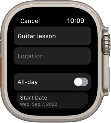 Ekrane „Calendar“ rodomas naujas renginys. Renginio pavadinimas yra viršuje, o žemiau – laukas „Location“. Netoli apačios yra mygtukas „All-day“. Apačioje yra mygtukas „Start Date“.