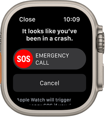 Ekrane „Crash Detection“ matosi slankiklis „Emergency Call“ ir mygtukas „Cancel“.