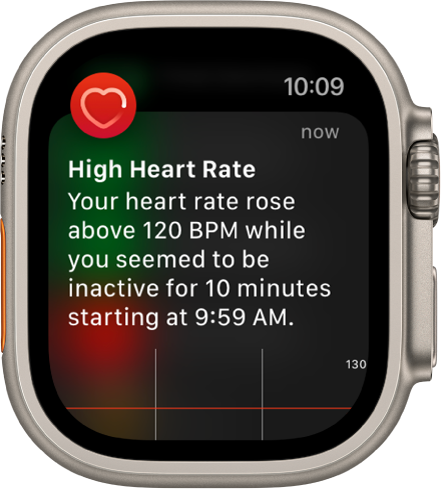Didelio širdies plakimų skaičiaus ekranas su pranešimu, kad jūsų širdies plakimų skaičius yra didesnis kaip 120 dūžių per minutę, jums 10 minučių būnant neaktyviems.