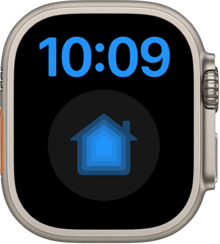 Laikrodžio ciferblato „X-Large“ viršuje rodomas laikas skaitmeniniu formatu. Didelis „Home“ valdiklis yra žemiau.