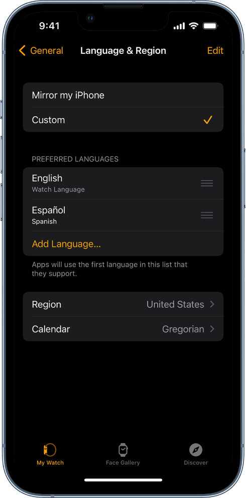 Programos „Apple Watch“ ekranas „Language & Region“: po parinktimi „Preferred Languages“ rodomos anglų ir ispanų kalbos.