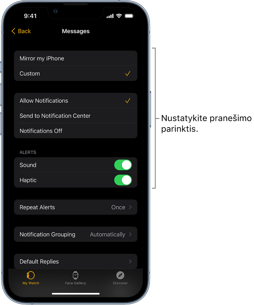 „Messages“ nustatymai „iPhone“ programoje „Apple Watch“. Galite pasirinkti rodyti įspėjimus, įjungti garsą, įjungti sąlytinius pranešimus ir kartoti įspėjimus.