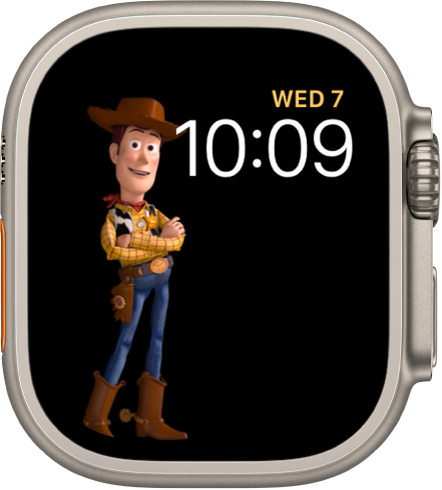 Laikrodžio ciferblato „Toy Story“ viršuje dešinėje rodomi diena, data ir laikas, o ekrano kairėje – animuotas veikėjas „Jessie“.