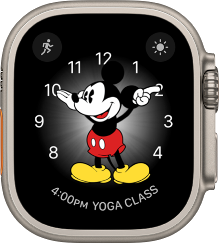 Laikrodžio ciferblatas „Mickey Mouse“, į kurį galite įtraukti daug valdiklių. Rodomi trys valdikliai viršuje kairėje pateiktas „Workout“ valdiklis, viršuje dešinėje pateiktas „Weather Conditions“ valdiklis, o apačioje – „Calendar Schedule“ valdiklis.