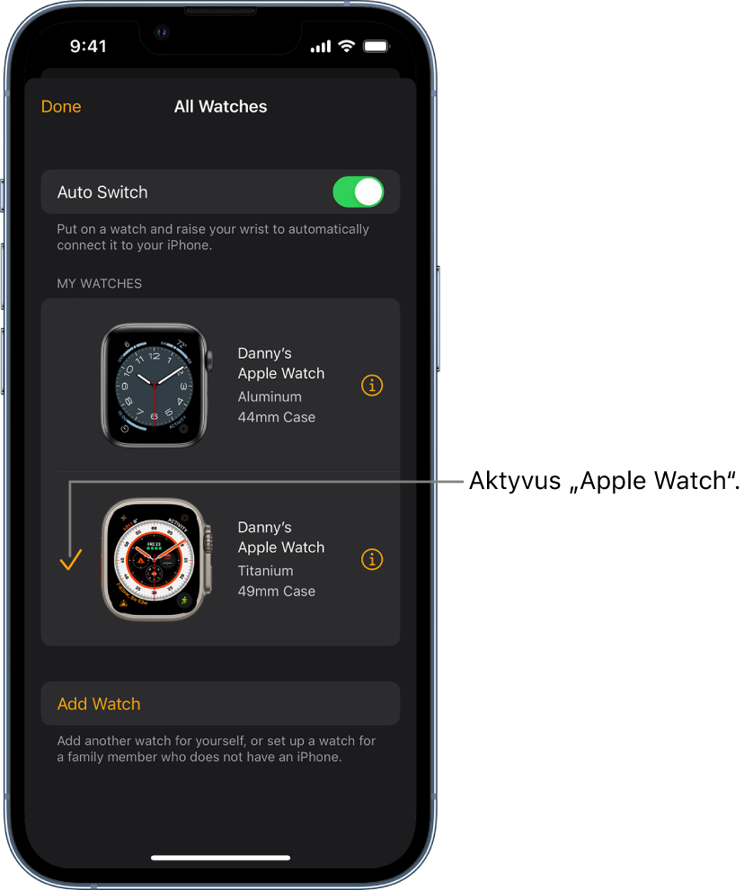 „Apple Watch“ ekrano „All Watches“ varnelė nurodo, kad „Apple Watch“ aktyvus.
