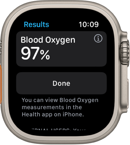 Lietotnes Blood Oxygen rezultātu ekrānā ir redzams skābekļa saturācijas līmenis asinīs 97 procenti. Apakšā ir poga Done.
