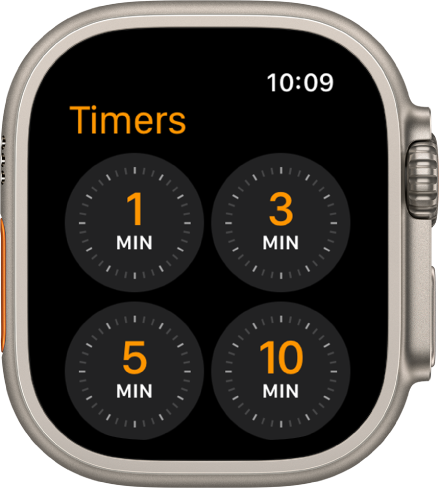 Lietotnes Timer ekrāns, kurā redzami ātri iestatāmie taimeri ar ilgumu 1, 3, 5 vai 10 minūtes.