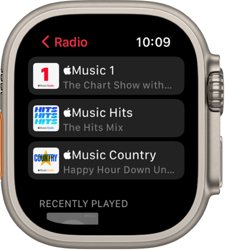 Lietotnes Radio ekrāns, kurā redzamas trīs Apple Music stacijas.