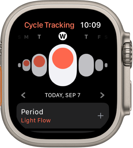 Apple Watch pulkstenis, kurā redzams ekrāns Cycle Tracking.