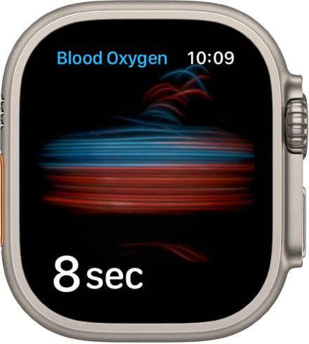 Ekrānā Blood Oxygen tiek veikts mērījums; notiek atskaite no 8 sekundēm.