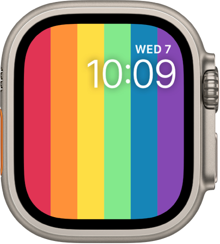 Ciparnīca Pride Digital, kurā redzamas vertikālas varavīksnes krāsu joslas un augšējā labajā stūrī norādīts datums un laiks.