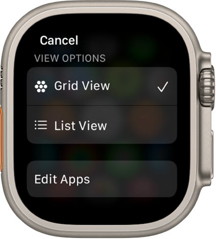 Ekrānā View Options redzamas pogas Grid View un List View. Poga Edit Apps atrodas ekrāna apakšā.