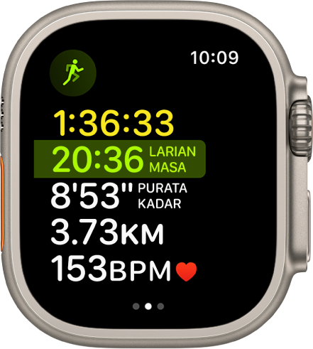 App Latihan menunjukkan latihan berbilang sukan sedang berjalan. Skrin menunjukkan jumlah masa berlalu, jumlah masa anda telah berlari, purata kadar, jarak dan kadar jantung.